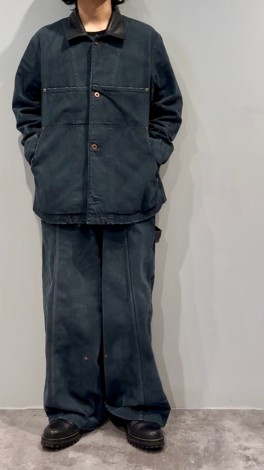 【VOO × PAST OF PROGRESS】LEATHER COLLAR NEO COVERALL DAMAGED / SUMI BLACK