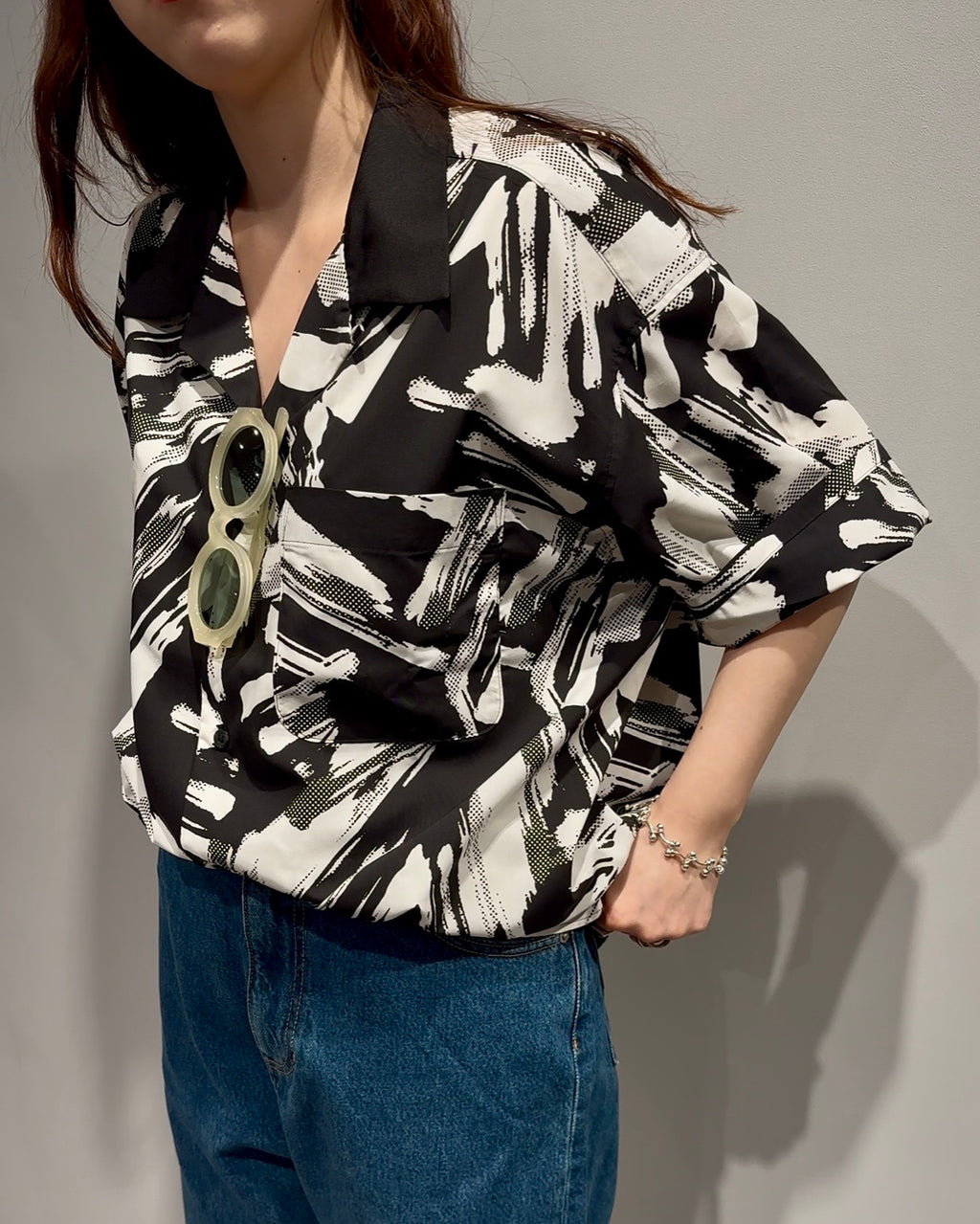 Mercury Mini Button Splash Print Black Collar Shirt - JAPAN MADE