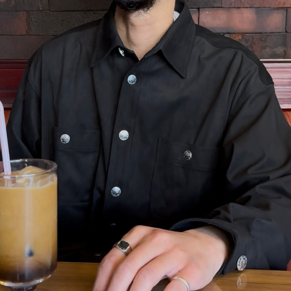 Mercury Button Italian Faux Suede Shirt Jacket PAST-005-α【BLACK】